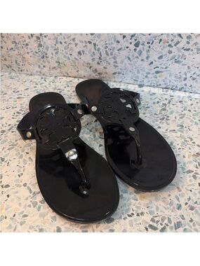 Tory Burch Mini Miller Jelly Sandals Black Logo Thong 8.5/ 9